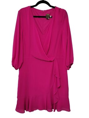 Taylor Hot Pink Fuschia Faux Wrap Dress Size 16 Ruffle Wedding Guest Solid